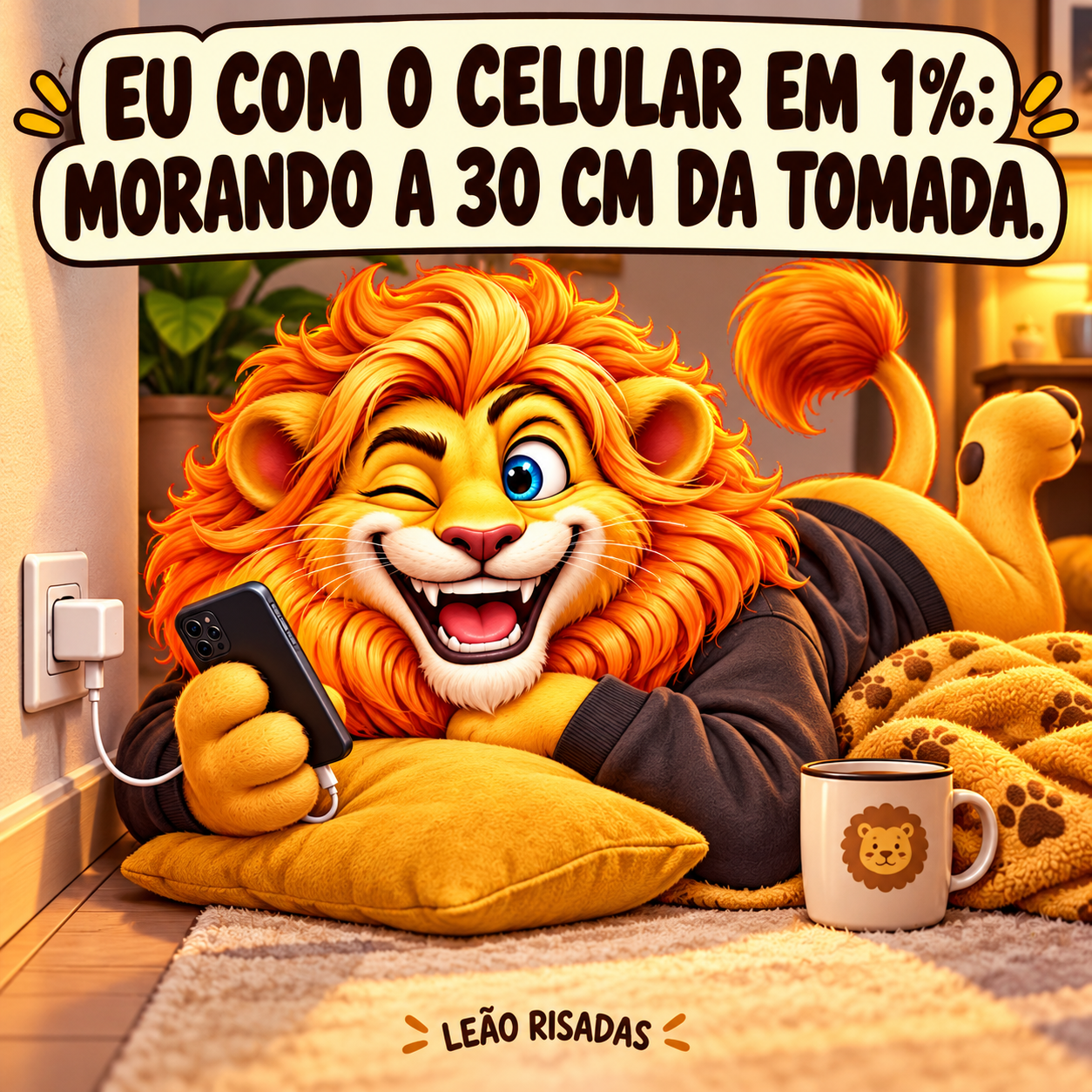 Leão deitado no chão junto à tomada usa o celular ligado a um cabo muito curto.