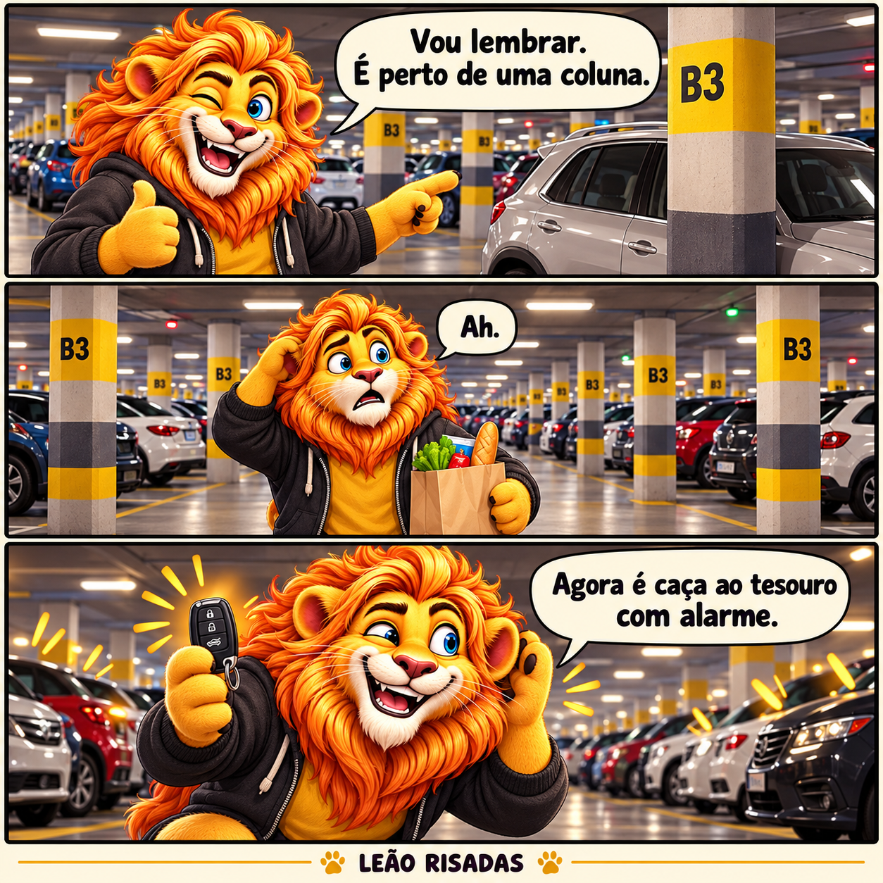 Tirinha de três quadros: o leão usa uma coluna como referência e depois encontra muitas colunas iguais no estacionamento.