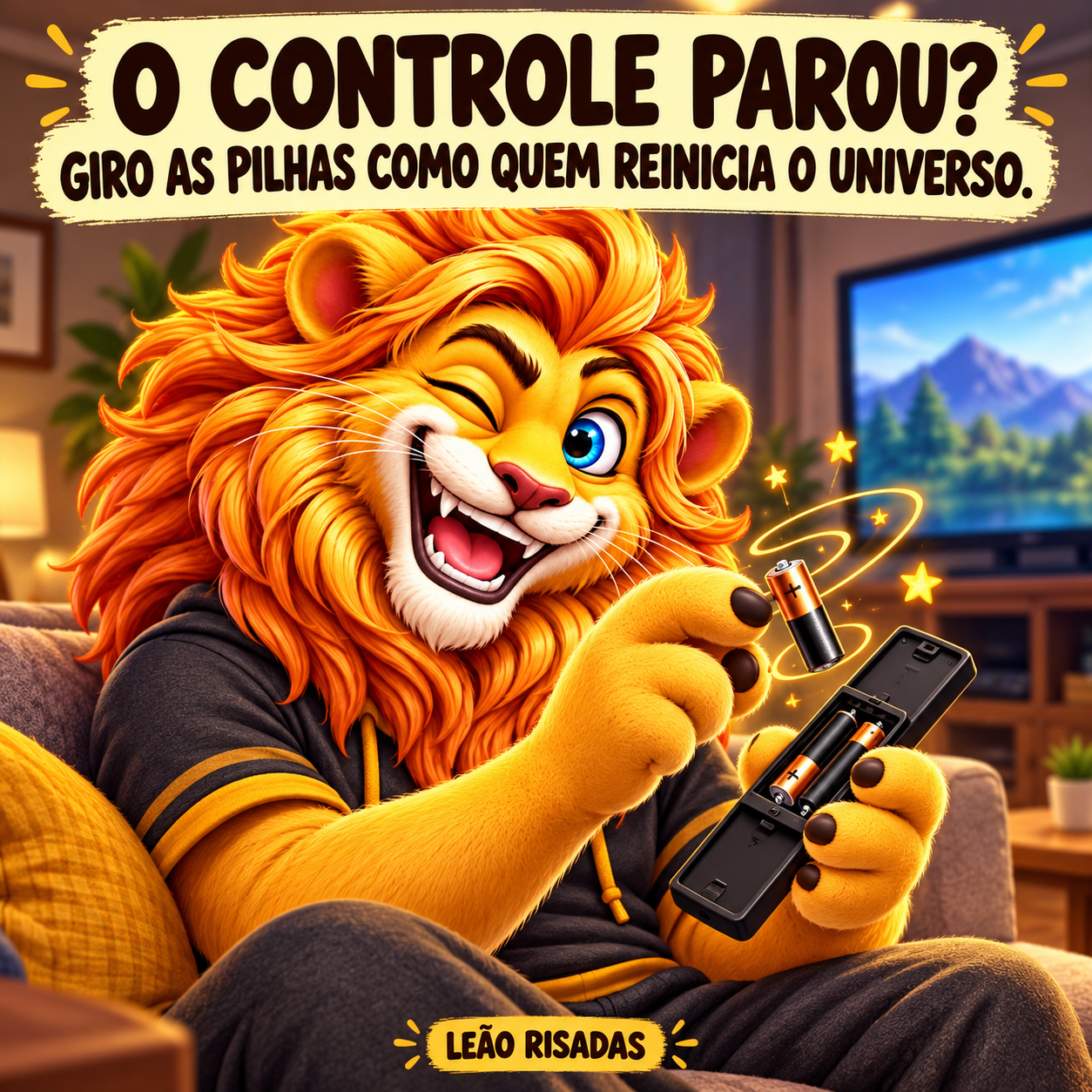 Leão abre o compartimento de pilhas do controle da televisão e gira uma delas com muita concentração.