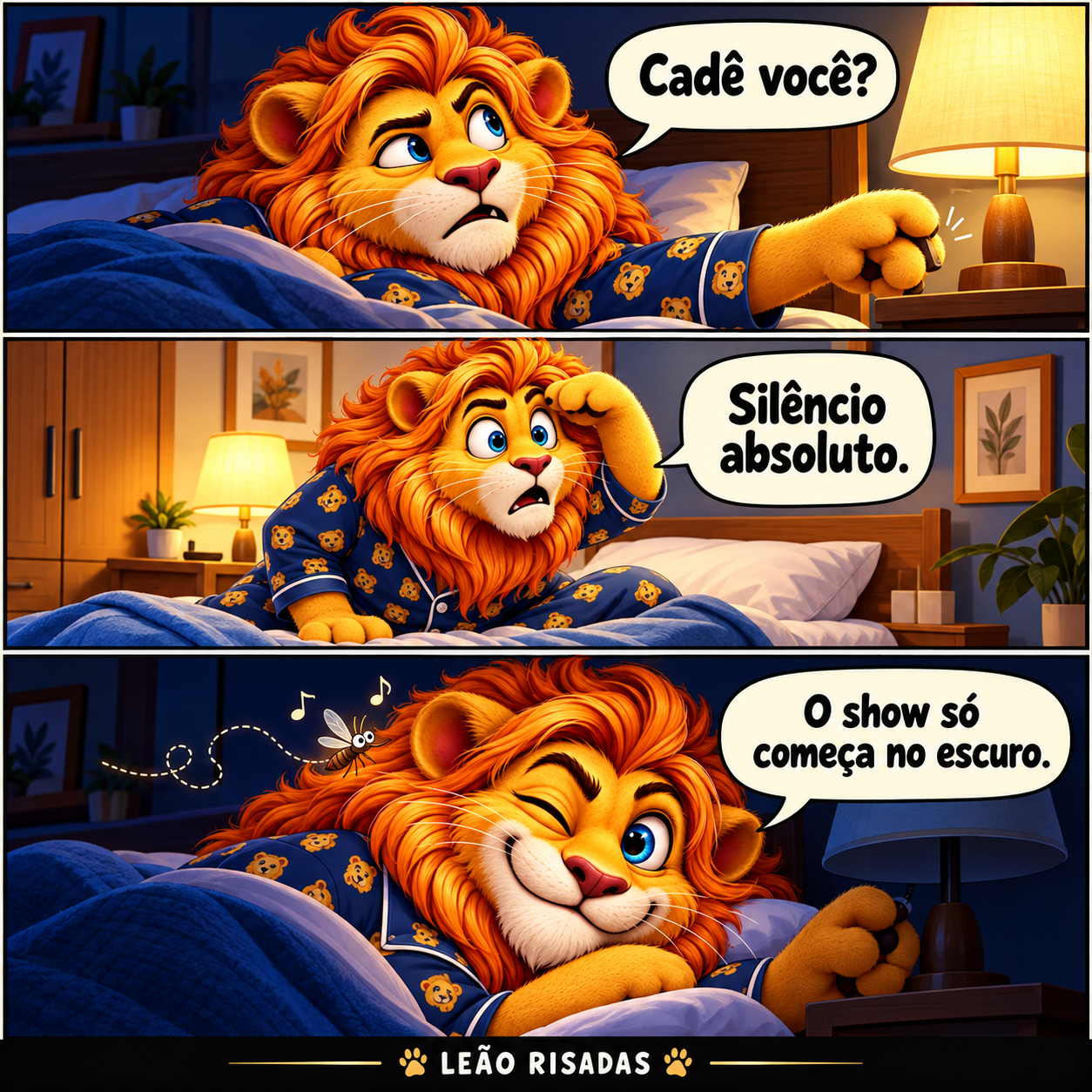 Tirinha de três quadros: o leão procura um mosquito com a luz acesa, mas ele só reaparece perto de seu ouvido quando a luz é apagada.