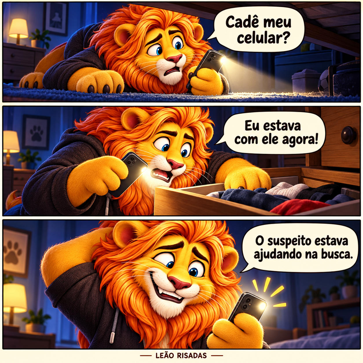 Tirinha de três quadros: o leão procura seu celular usando a lanterna do próprio aparelho e só no final percebe que já está com ele.