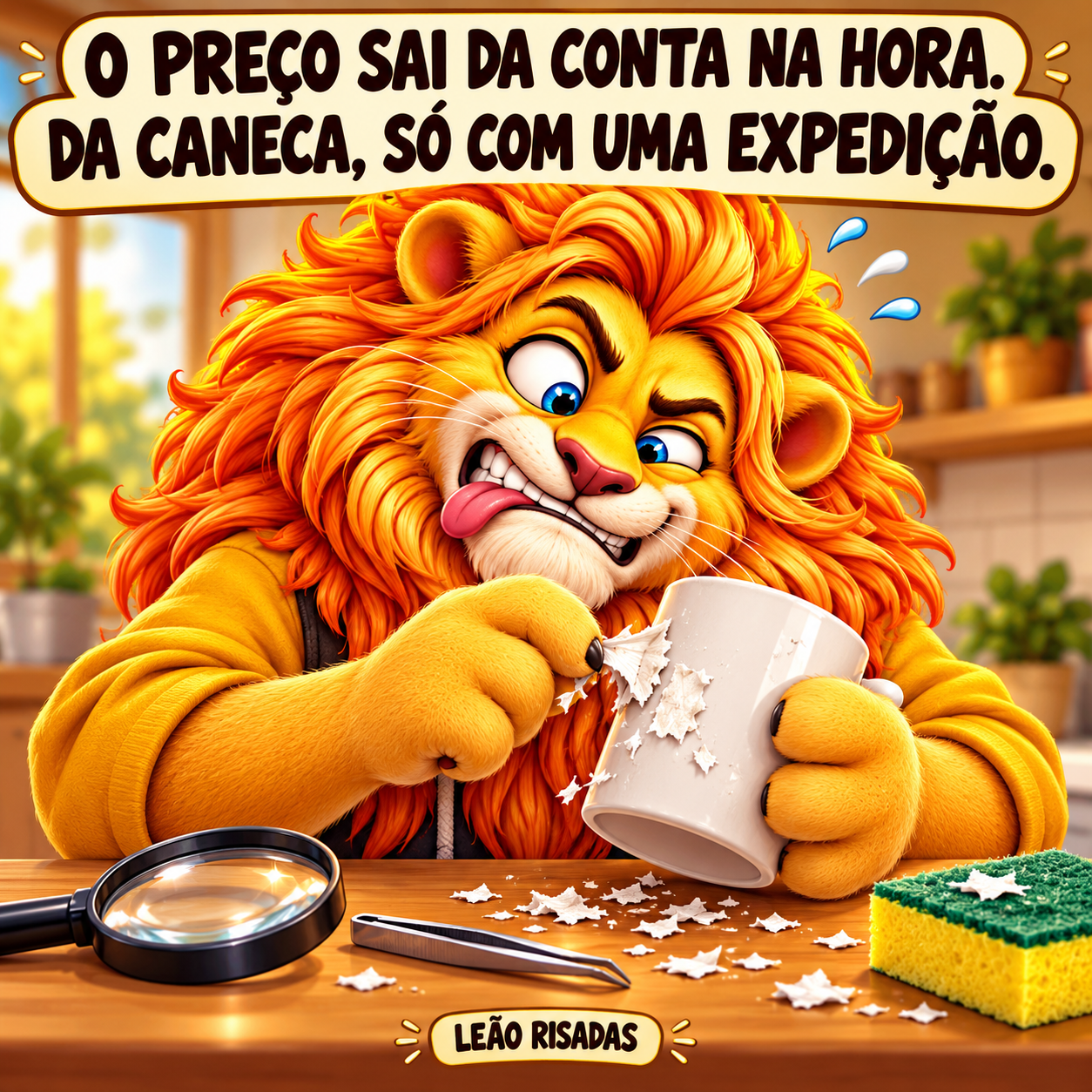 Leão tenta retirar uma etiqueta de preço de uma caneca, mas o adesivo se desfaz em pequenos pedaços.