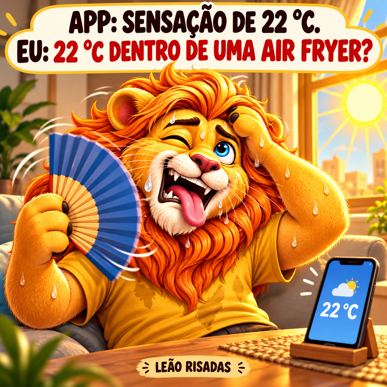 Leão suando e se abanando em uma sala ensolarada olha para um celular que mostra 22 graus.