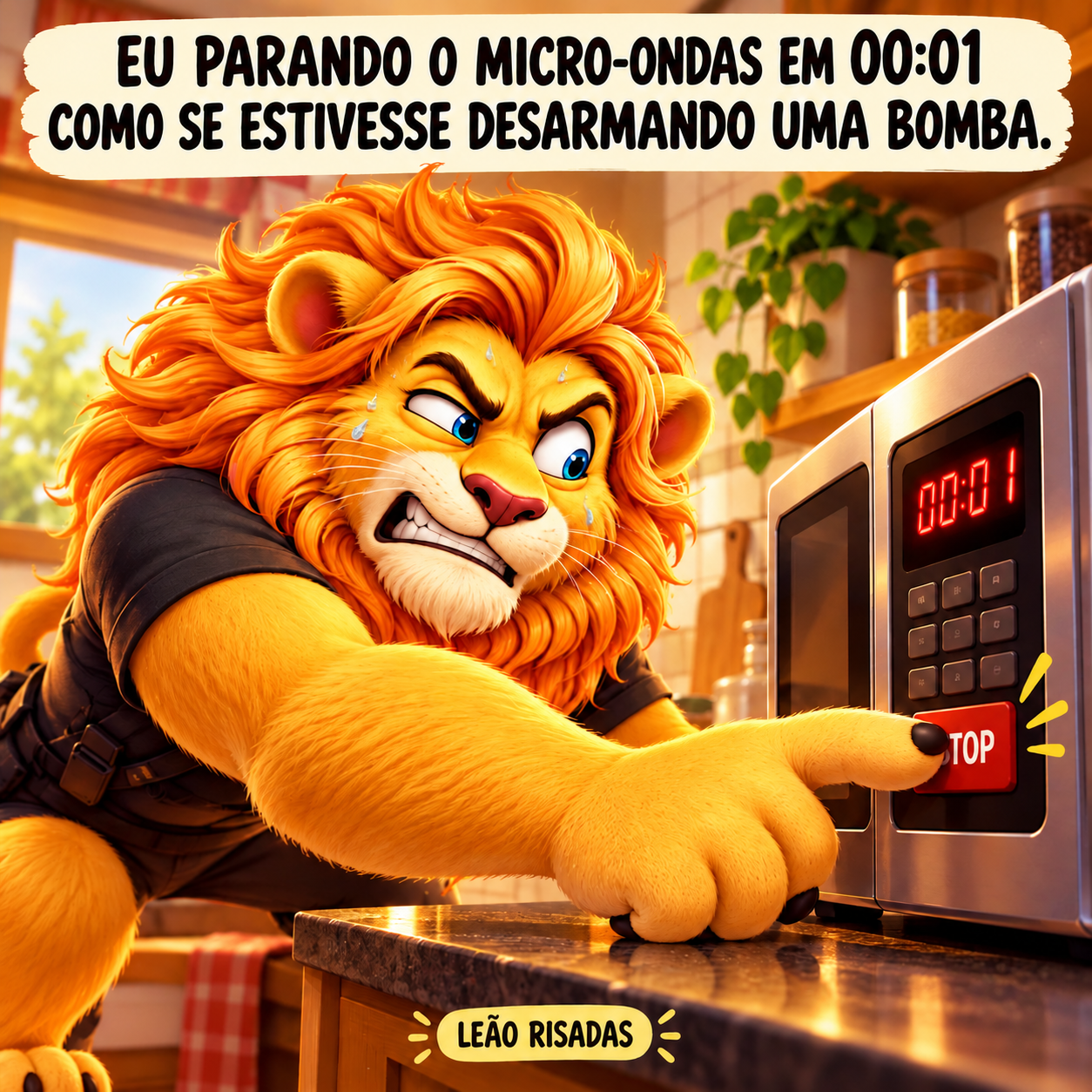 Leão aperta o botão de parar do micro-ondas quando o visor marca um segundo, com expressão de herói.
