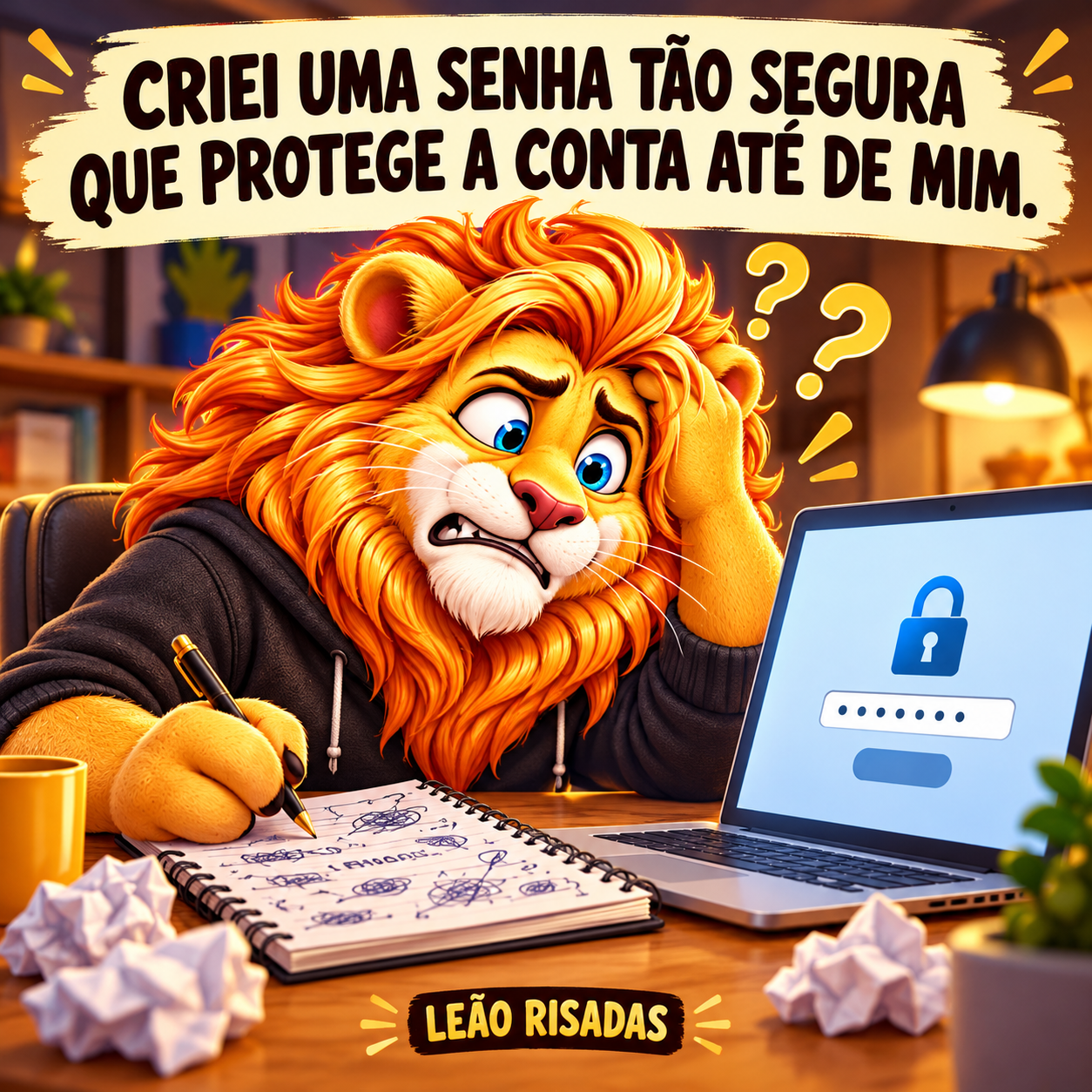Leão tenta entrar em uma conta no computador e consulta um caderno sem conseguir lembrar a senha.