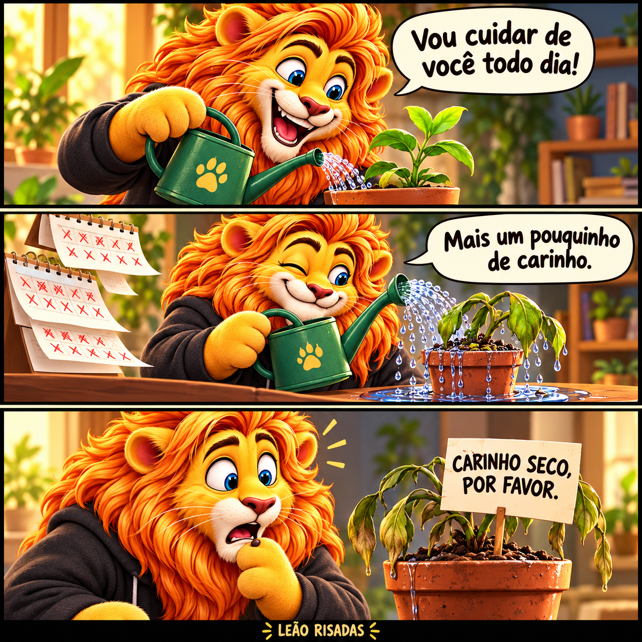 Tirinha de três quadros: o leão promete cuidar de uma planta, rega demais e encontra uma placa pedindo carinho seco.