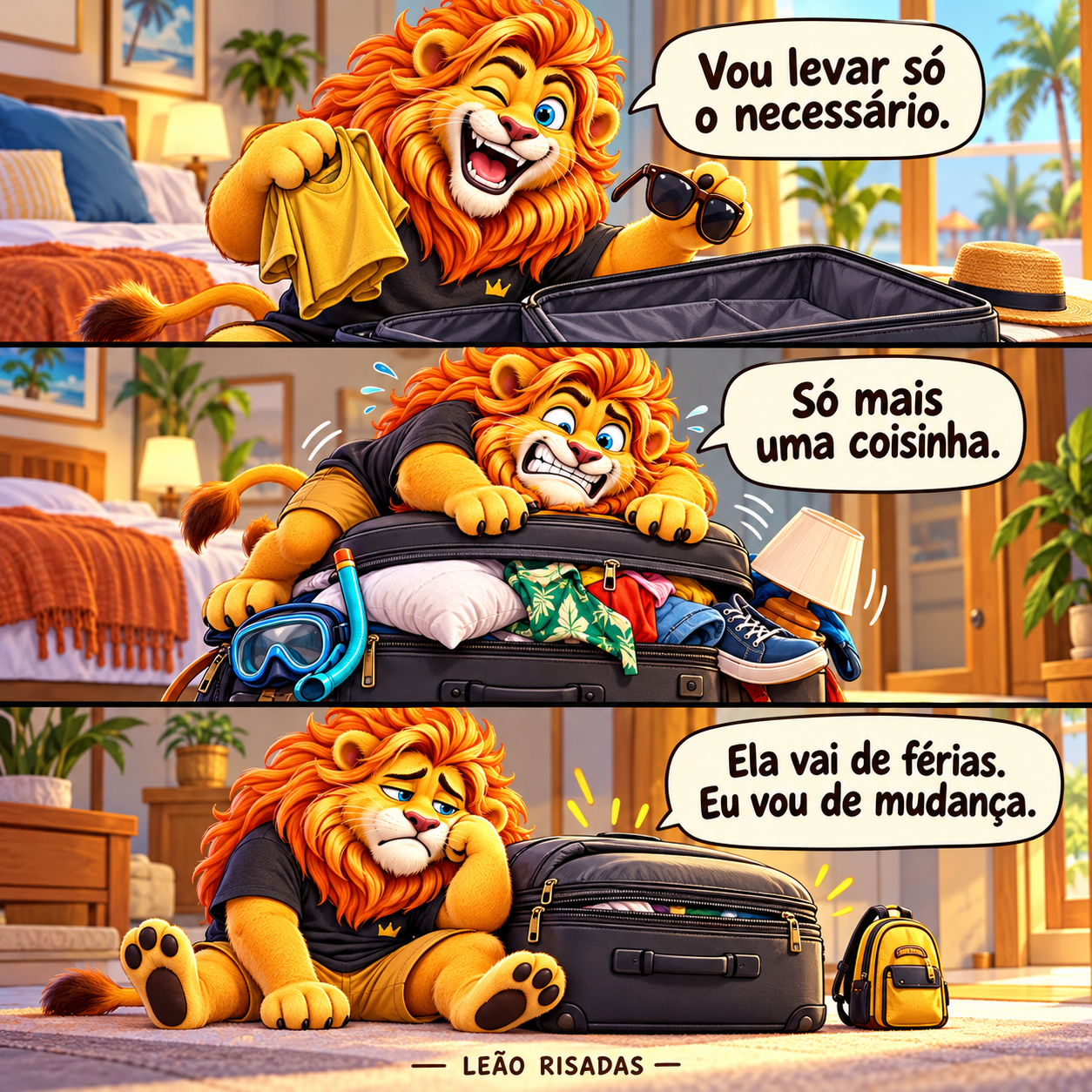 Tirinha de três quadros: o leão promete levar pouca bagagem, enche uma mala até o limite e percebe que parece estar de mudança.