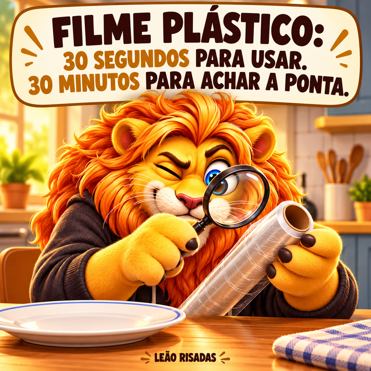 Leão examina um rolo de filme plástico com uma lupa enquanto tenta encontrar a ponta.