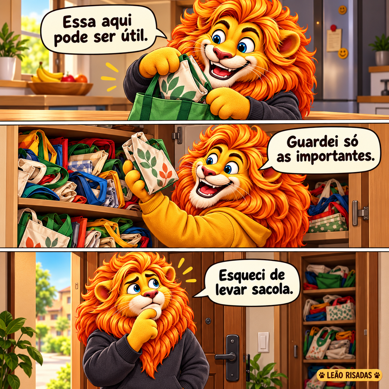 Tirinha de três quadros: o leão acumula sacolas em um armário, mas sai para fazer compras sem levar nenhuma.
