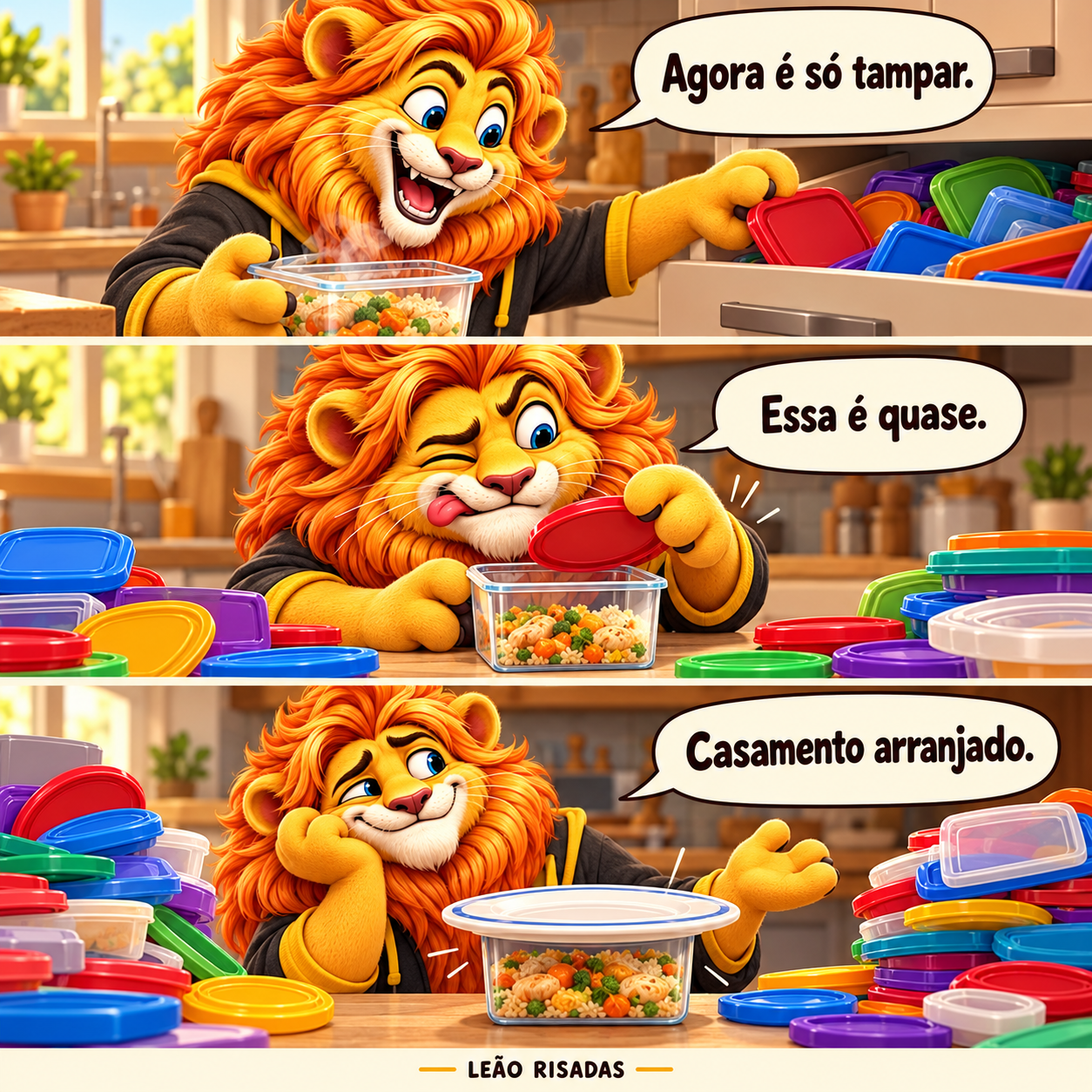 Tirinha de três quadros: o leão procura uma tampa para um pote, testa várias incompatíveis e termina cobrindo o pote com um prato.