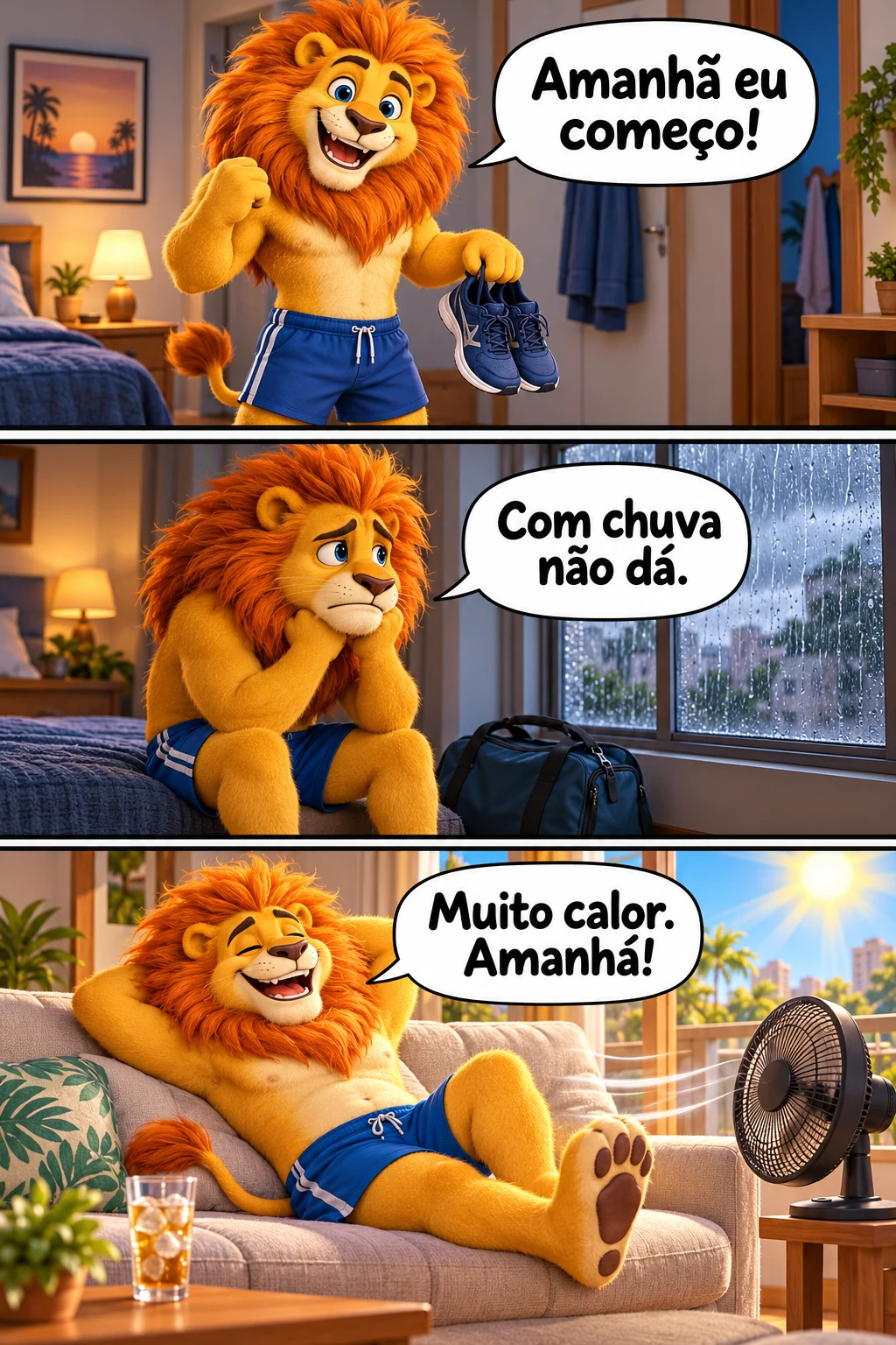 Tirinha em três quadros: o leão adia a academia para amanhã, usa a chuva como desculpa e depois desiste também por causa do calor.