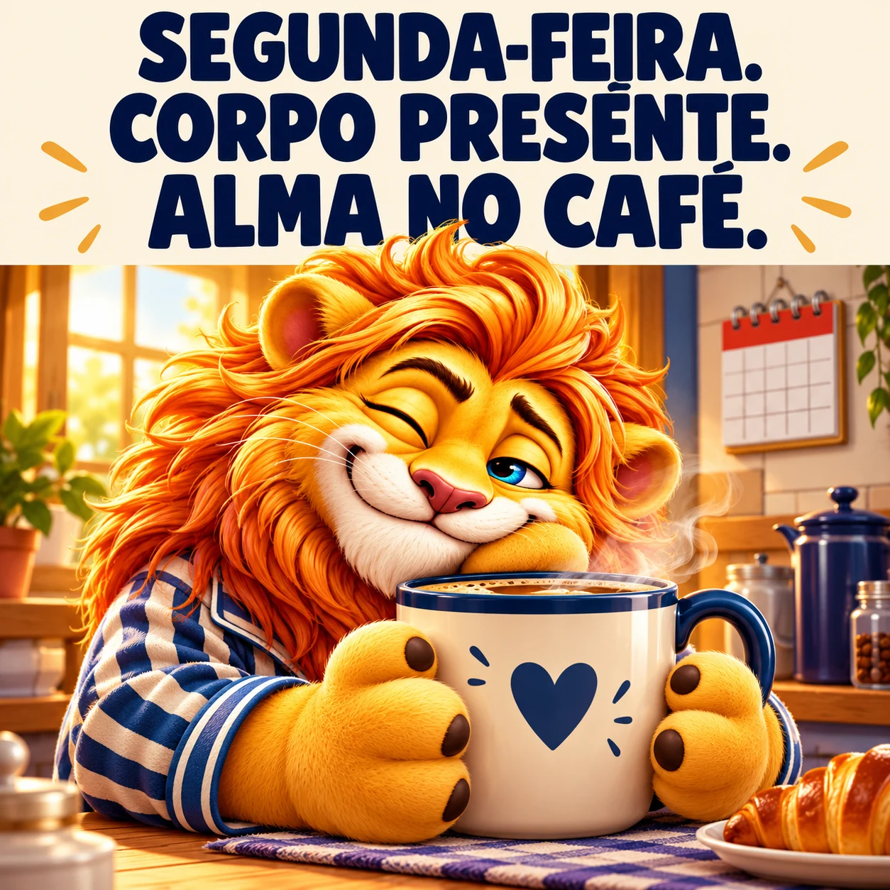 O leão sonolento de pijama abraça uma caneca enorme de café numa cozinha. A legenda diz: Segunda-feira. Corpo presente. Alma no café.