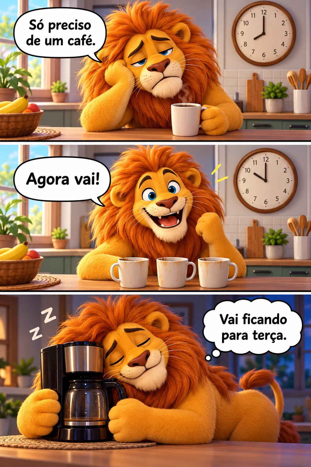 Tirinha em três quadros: o leão tenta despertar com café na segunda-feira, acumula canecas e termina dormindo ao lado da cafeteira.