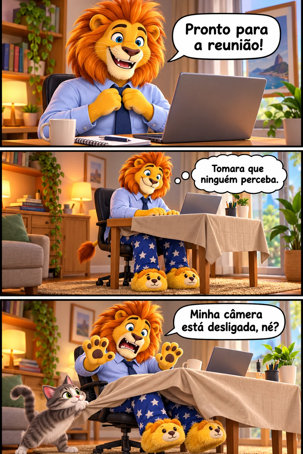 Tirinha em três quadros: o leão entra em uma reunião online usando camisa e pijama, tenta esconder as pantufas e se desespera quando o gato revela a situação.