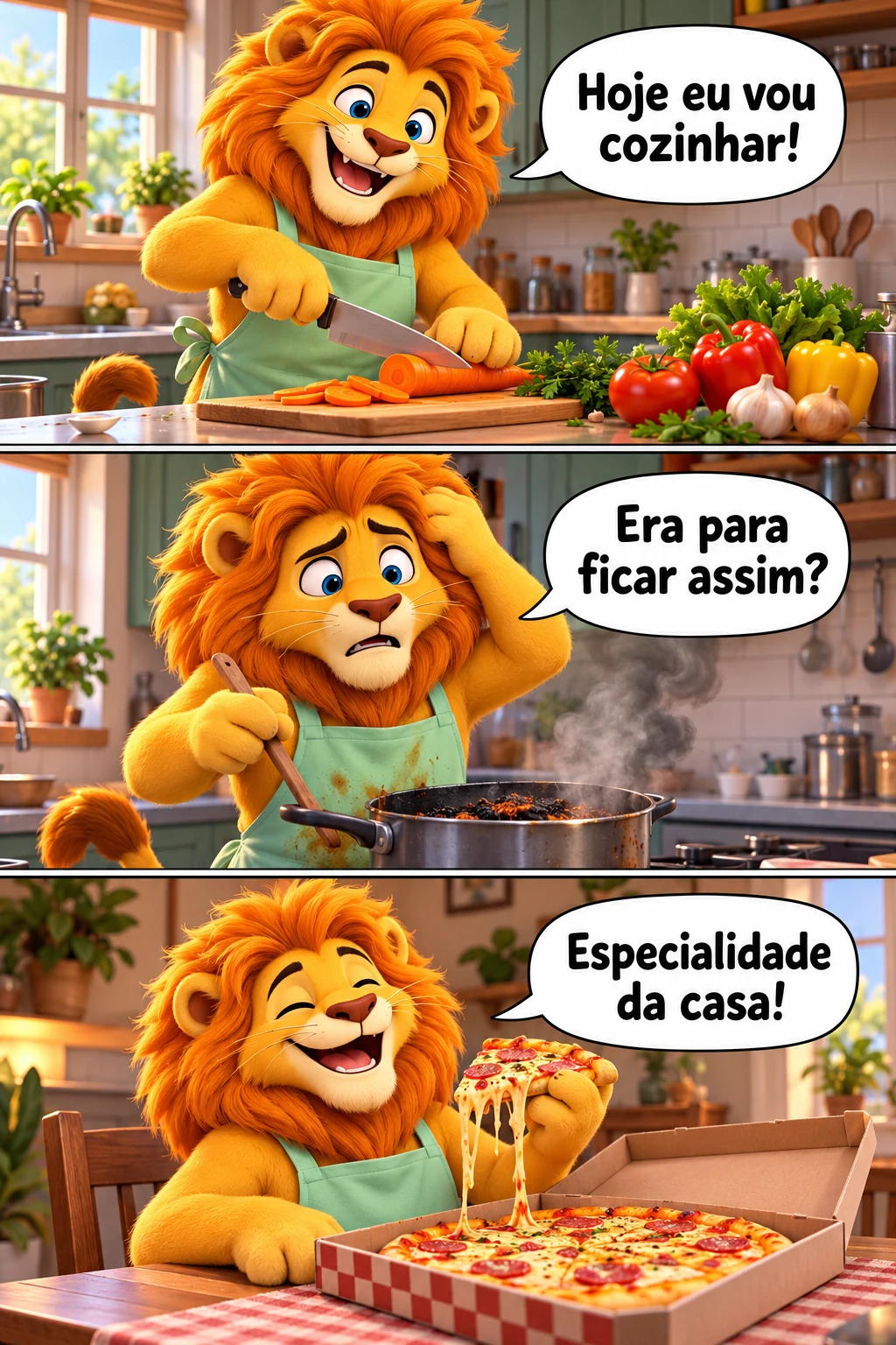 Tirinha em três quadros: o leão tenta cozinhar, fica confuso com uma panela esfumaçada e termina servindo uma pizza de delivery como especialidade.