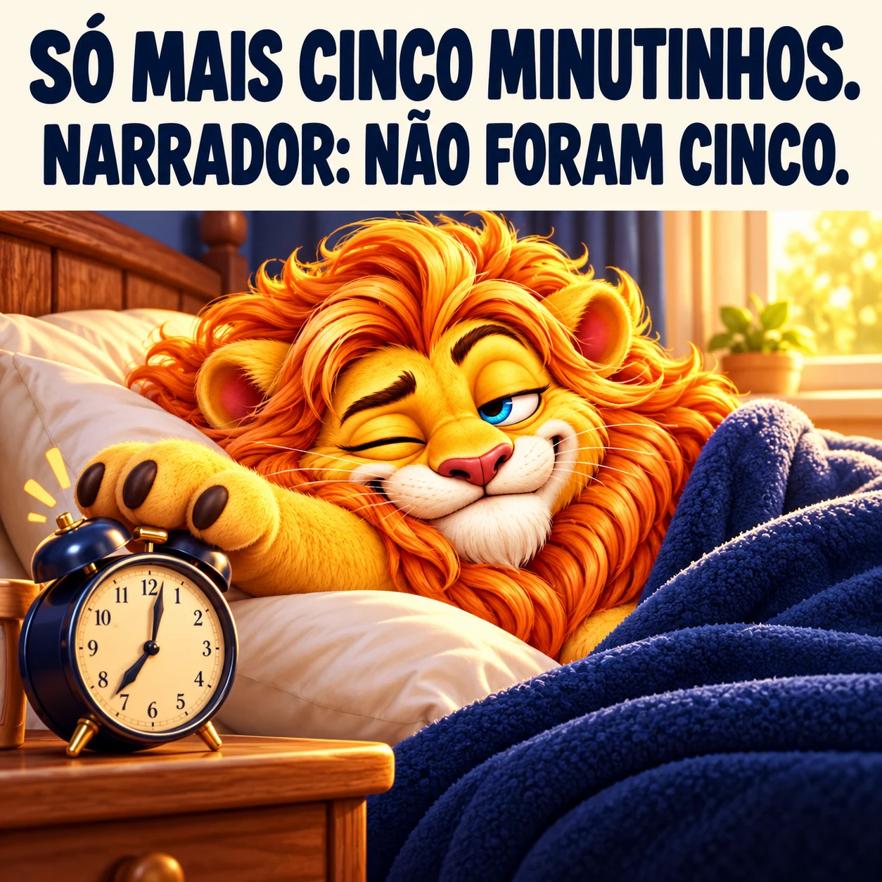 Leão de pijama estica a pata para silenciar o despertador da cabeceira enquanto se enrola no cobertor. A legenda diz que os cinco minutinhos não foram cinco.
