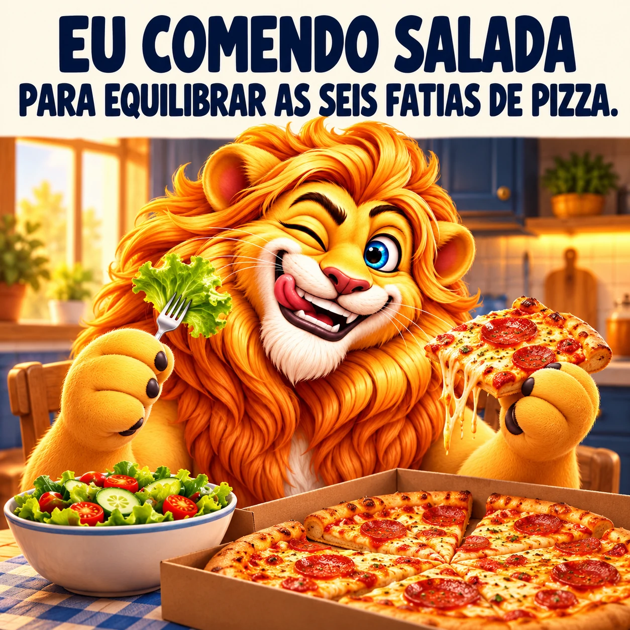 Leão satisfeito segura um pequeno garfo com alface ao lado de uma pizza quase inteira. A legenda brinca que a salada equilibra seis fatias de pizza.