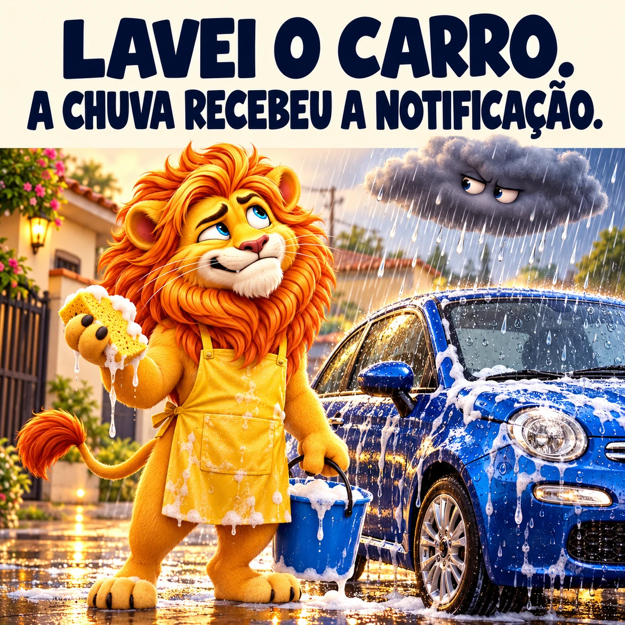 Leão ensaboado segura balde e esponja ao lado de um carro limpo enquanto cai chuva. A legenda diz: Lavei o carro. A chuva recebeu a notificação.