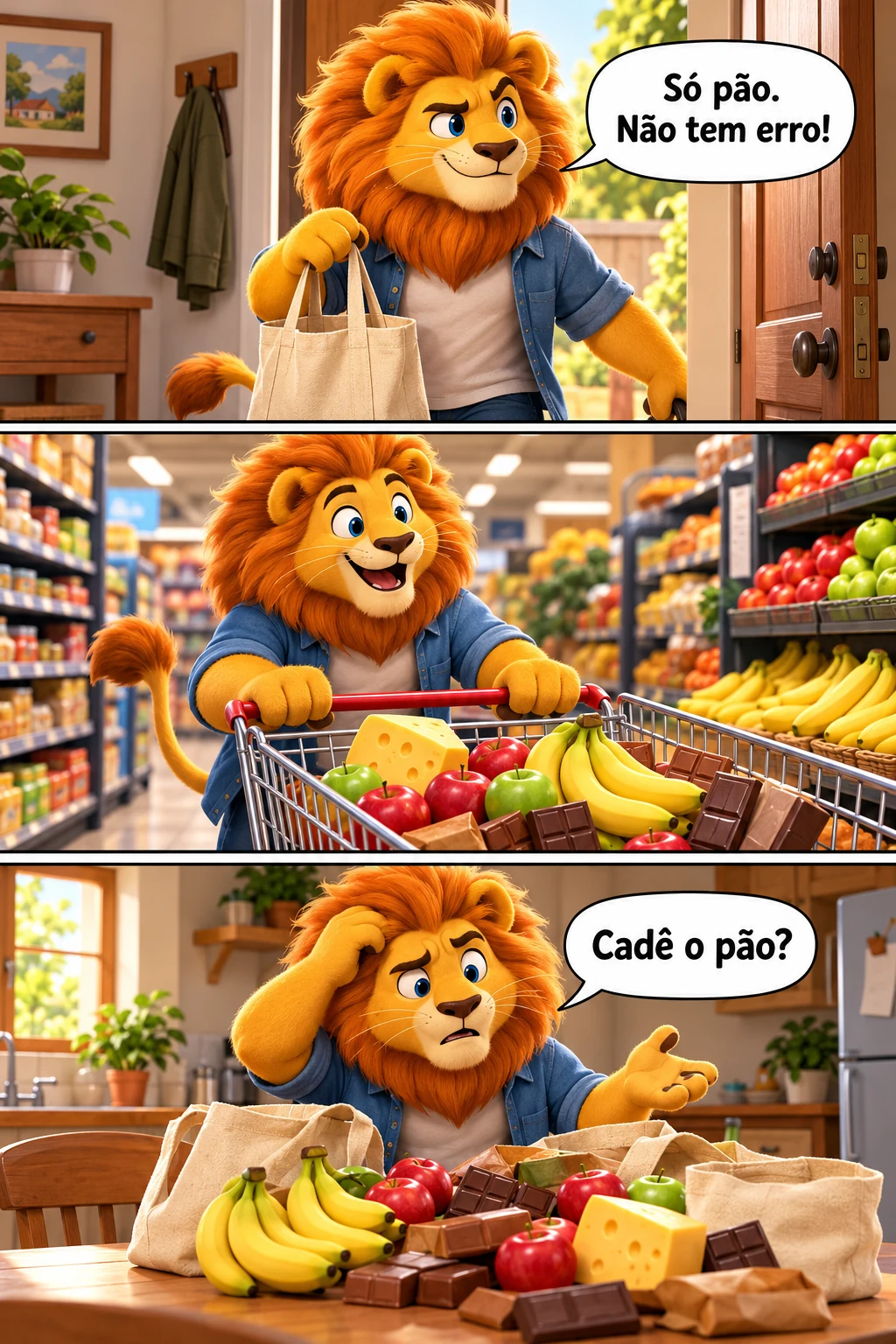 Tirinha em três quadros: o leão sai para comprar pão, enche o carrinho com outros produtos e volta para casa esquecendo justamente o pão.