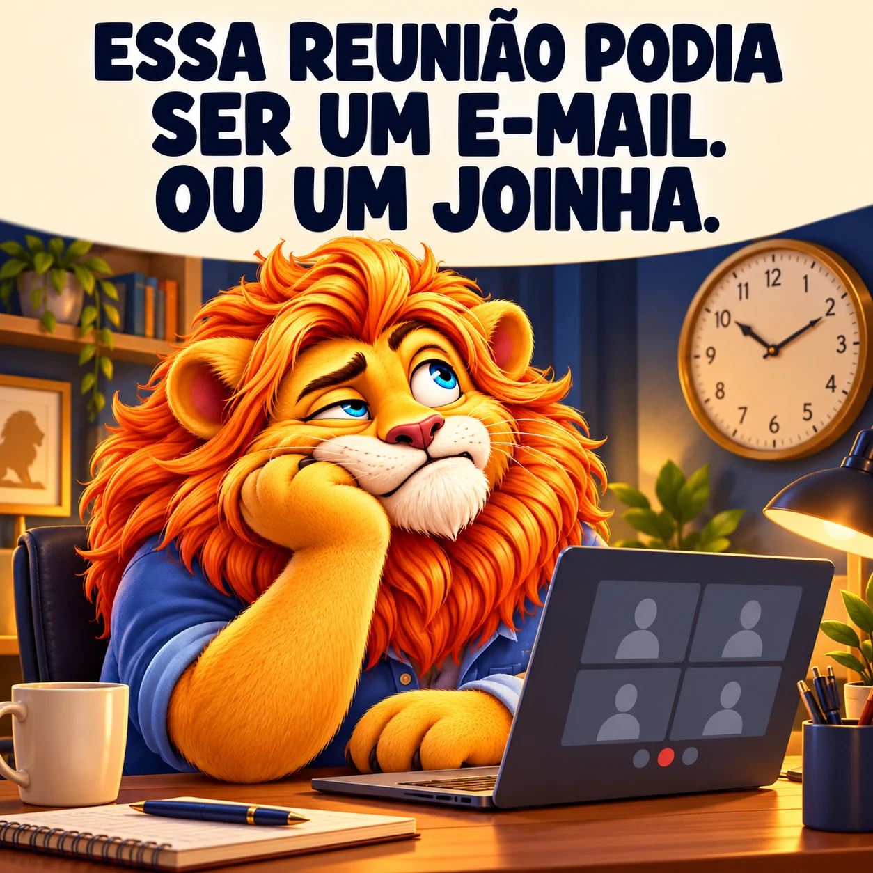 Leão de camisa social numa reunião por computador, olhando o relógio com expressão de tédio. A legenda diz que a reunião podia ser um e-mail ou um joinha.