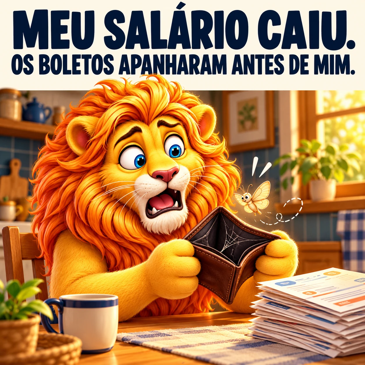 Leão surpreso olha uma carteira vazia enquanto papéis de contas voam pela mesa. A legenda diz que o salário caiu e os boletos apanharam antes dele.
